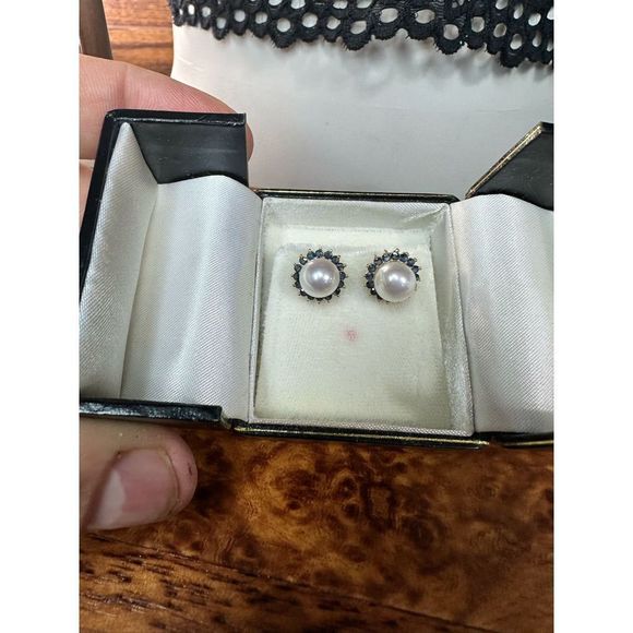 14k gold sapphire pearl earrings - Picture 1 of 8